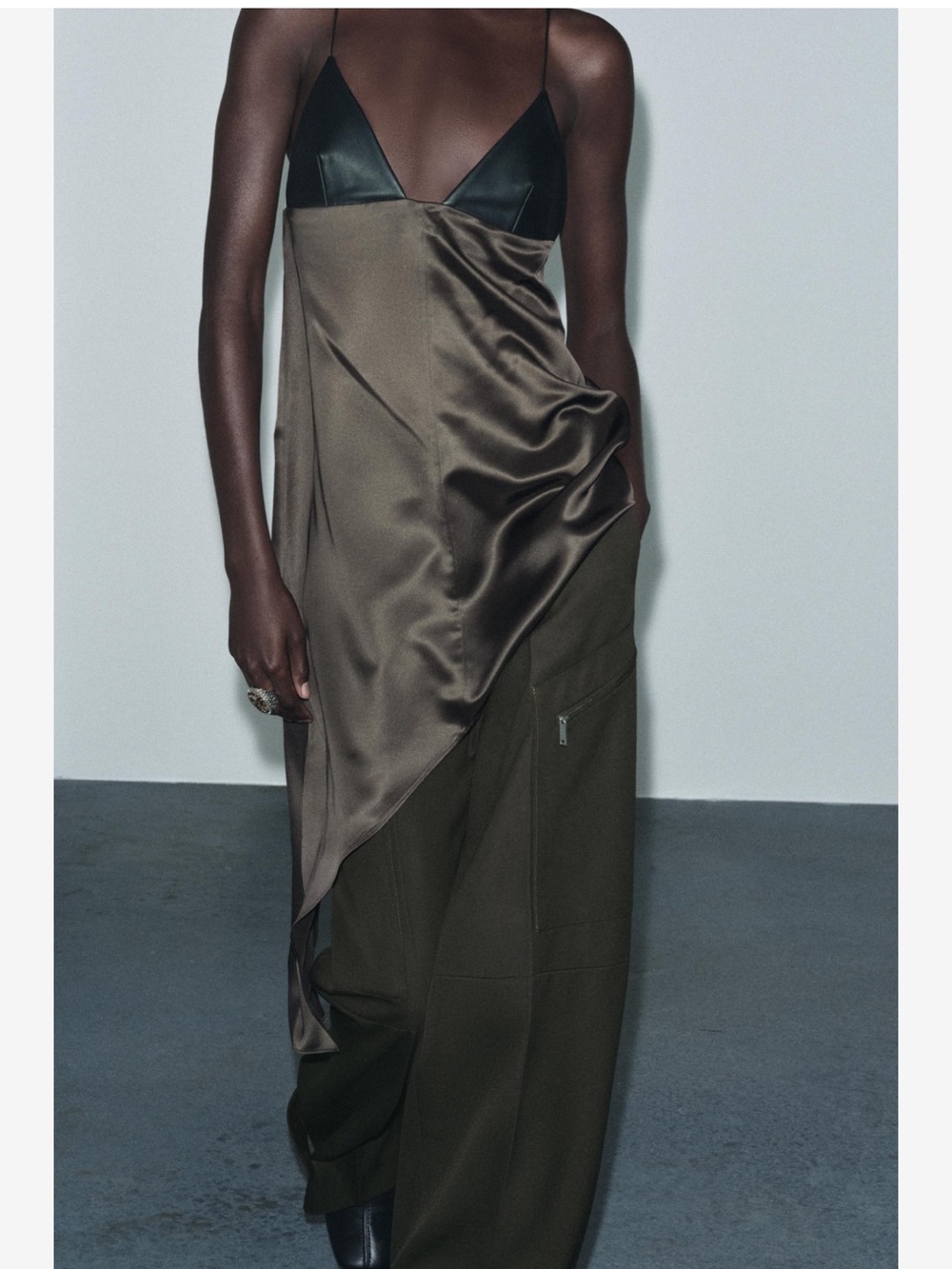 Zara Olive Green Satin Overlay Wide Leg Jumpsuit